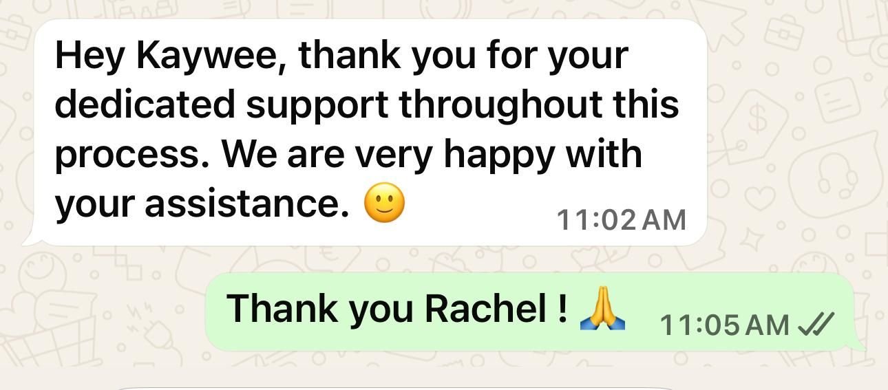 Client WhatsApp message thanking Kaywee for his dedicated support