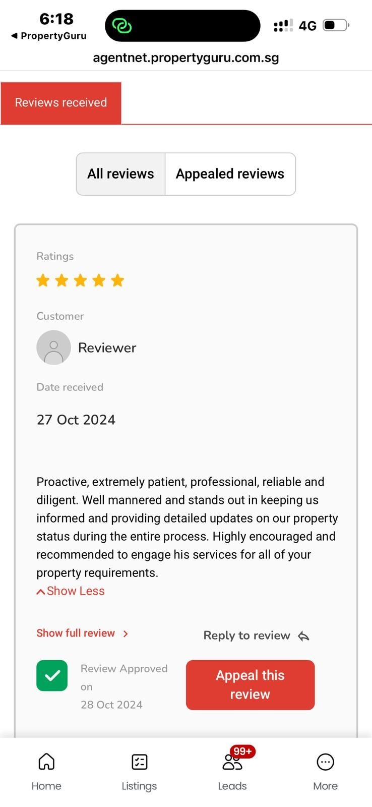 Five-star PropertyGuru review: proactive, patient, professional and reliable