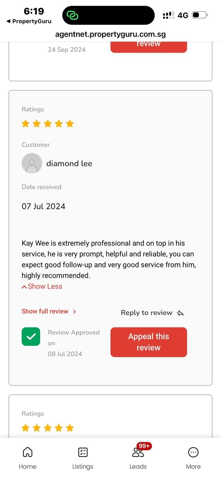 Five-star PropertyGuru review from diamond lee
